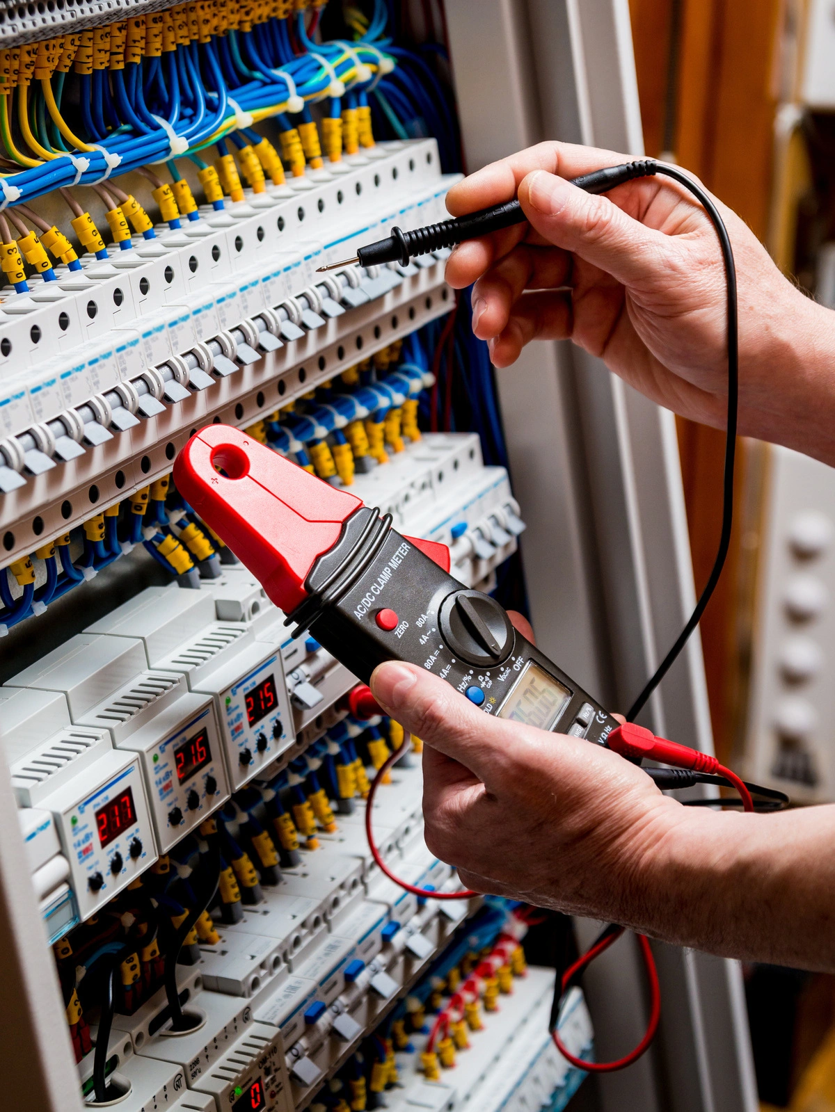 Technicien utilisant un multimètre pour des mesures électriques dans un tableau de distribution.